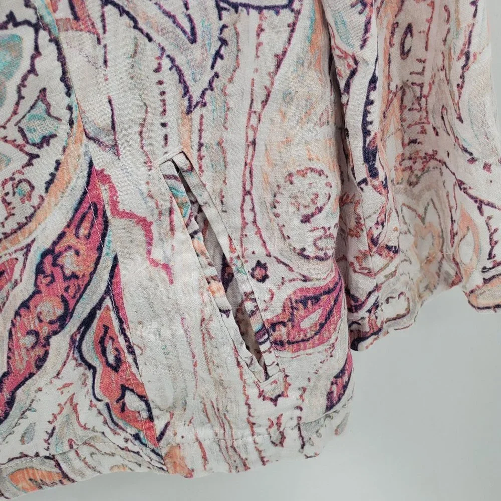 Chico's Womens Paisley Print Zip Up Linen‎ Jacket Size 1 (M) 3/4 Sleeve Career